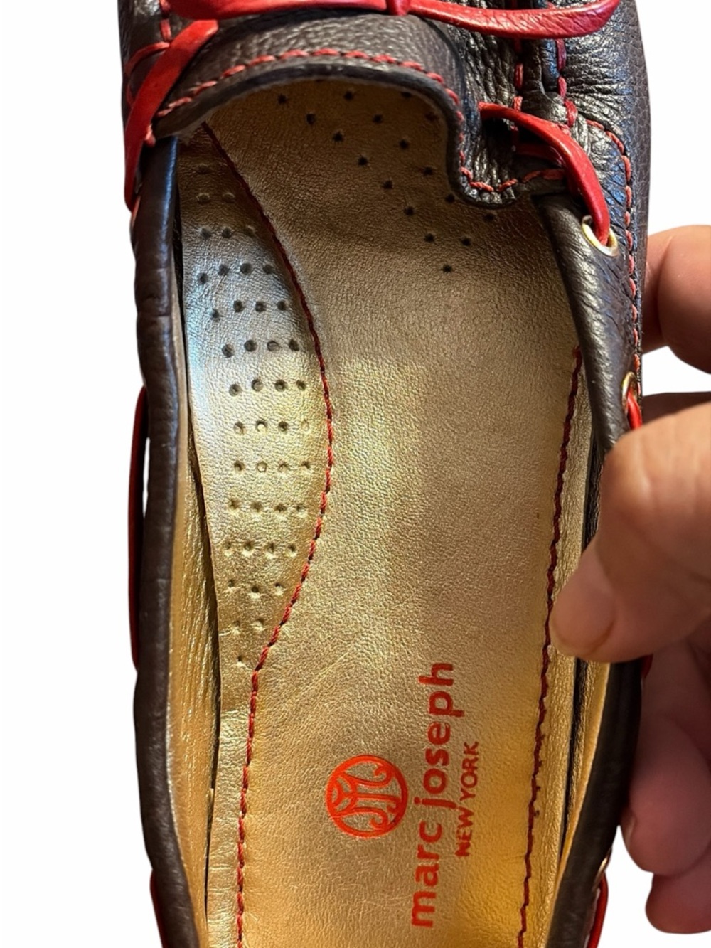 Marc Joseph NY Leather Driving Moccasins in Brown with Red Trim - Picture 6 of 6